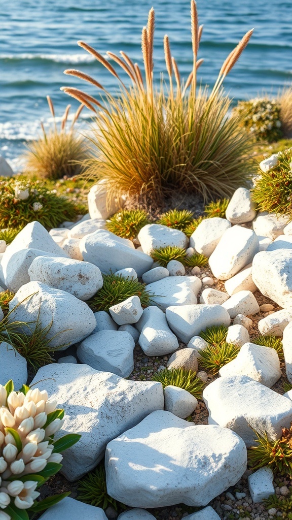 Seaside garden featuring white coral rocks and lush green plants