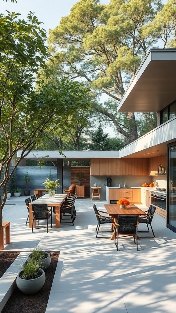 A modern outdoor space featuring a dining area and kitchen, surrounded by trees.