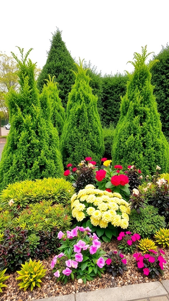A vibrant mixed planting bed featuring tall boxwood plants and colorful flowers.