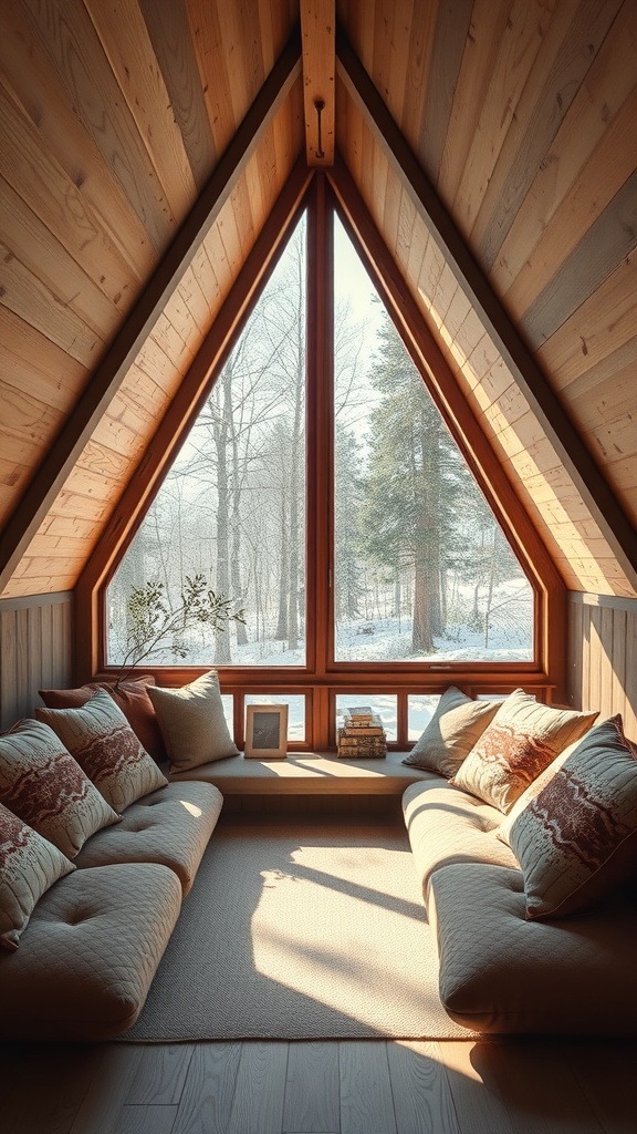 Cozy loft space in an A-Frame house with large windows and comfortable seating.