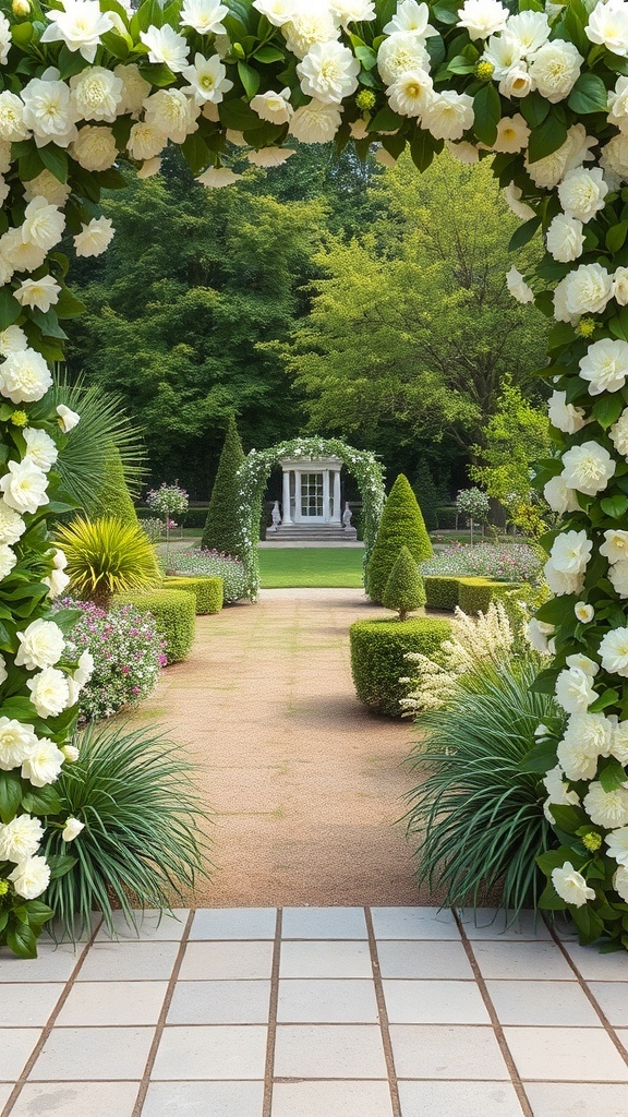 A beautiful garden pathway framed by a floral arch of white flowers, leading to a gazebo surrounded by greenery.