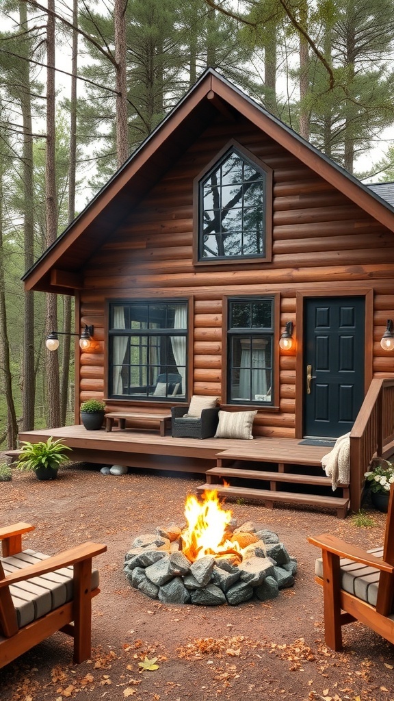 A modern wooden cabin in the woods with a fire pit and seating area.