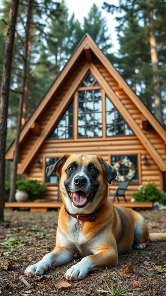 A happy dog lying in front of a cozy A-Frame house in the woods.