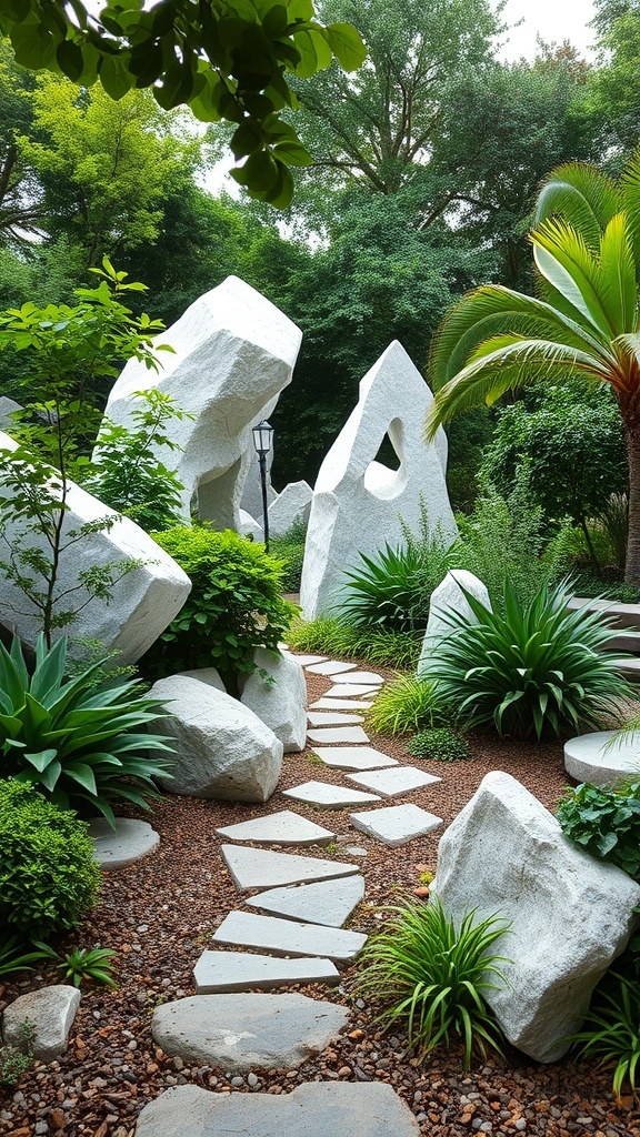 A sculptural garden featuring large white rocks, a stone pathway, and lush greenery.