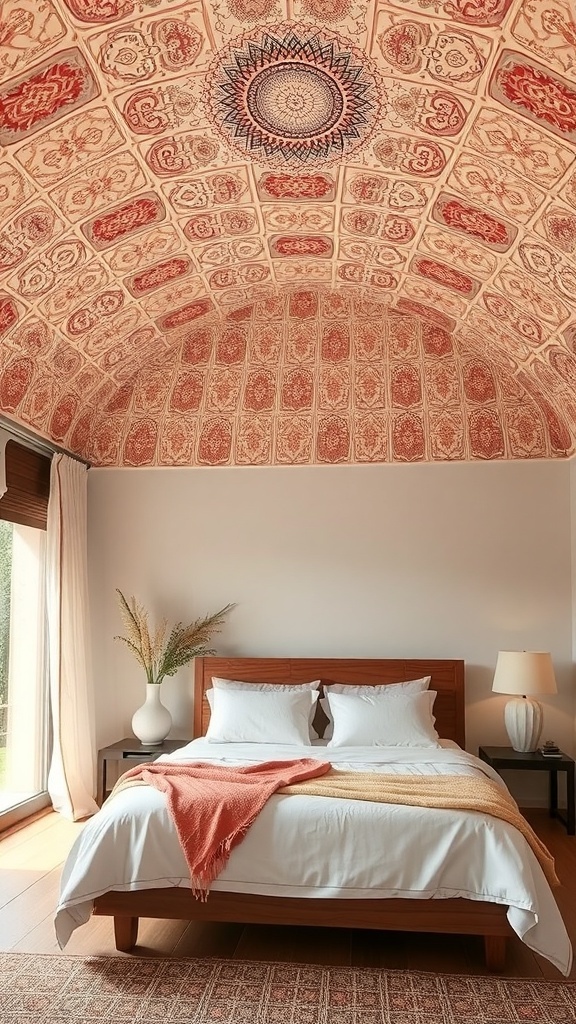 Artistic ceiling design in a minimalist boho coastal bedroom