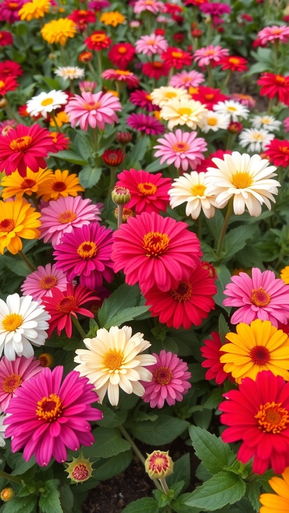 A vibrant display of zinnias in various colors, including red, pink, yellow, and white, blooming in a garden.