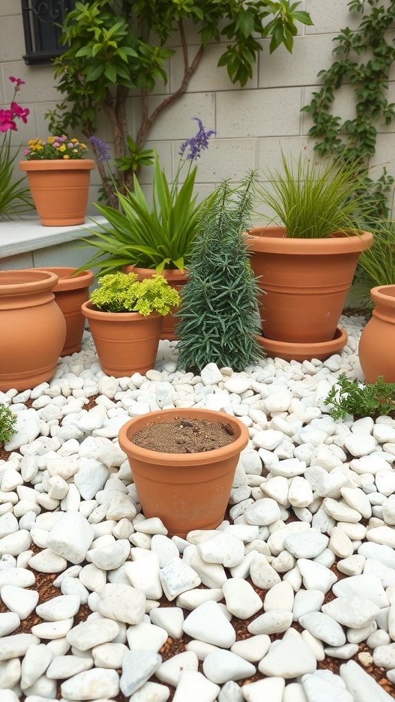 Mediterranean garden featuring terracotta pots and white marble chips