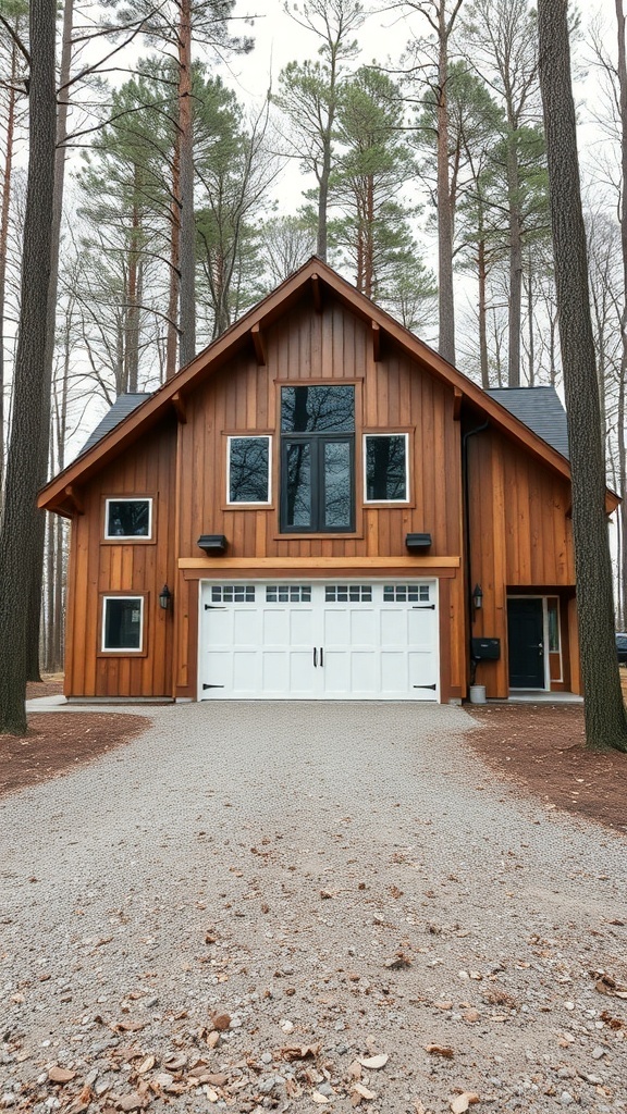 A modern barn-inspired house surrounded by trees, featuring a wooden exterior and large windows.