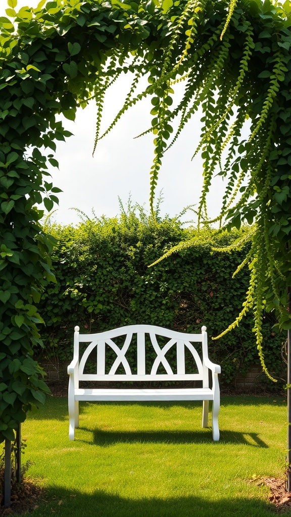 A white garden bench under an arch of lush green foliage in a serene garden setting.