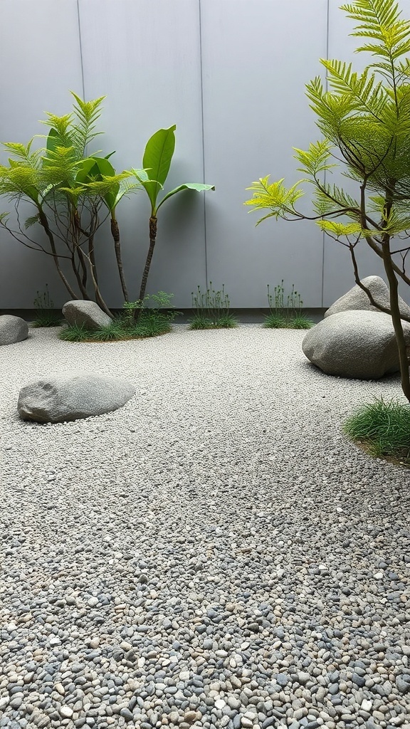 A serene Zen garden featuring raked gravel and lush green plants.