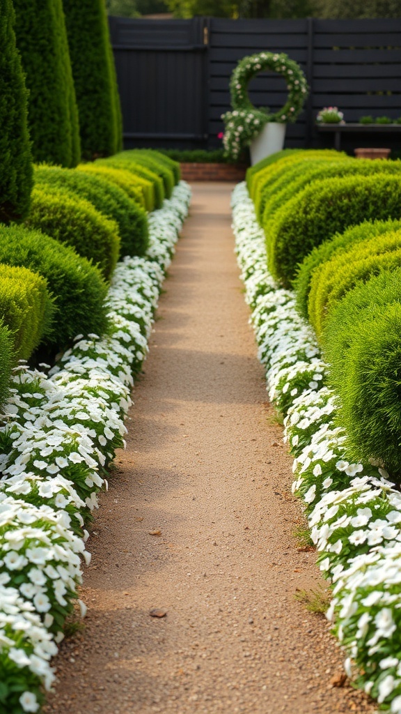 A garden pathway lined with white flowers and green hedges.