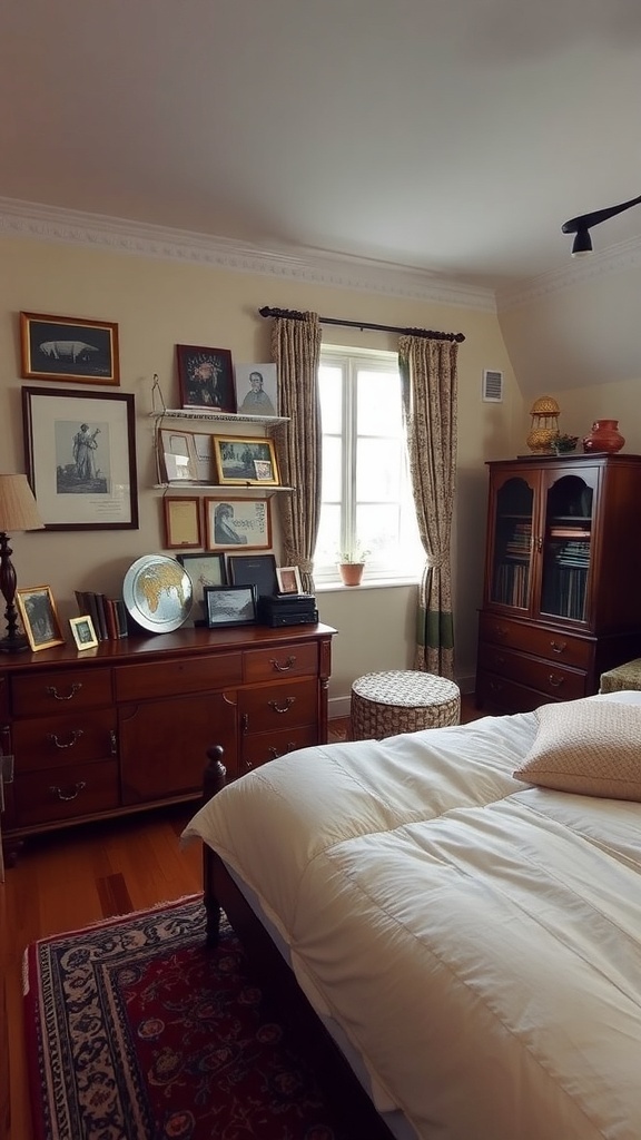 A cozy bedroom featuring vintage wooden furniture, framed art on the walls, and soft white bedding.