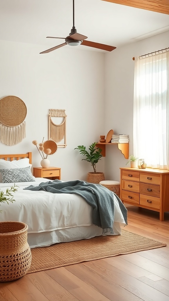 A minimalist boho coastal bedroom featuring natural wood elements, including a wooden bed frame and ceiling, with soft textiles and neutral colors.
