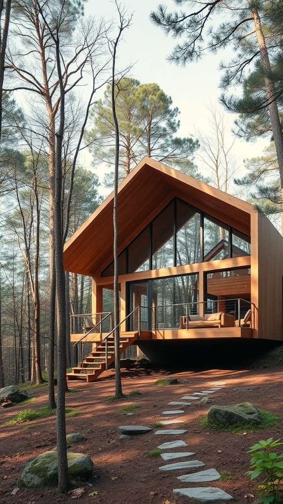 A modern wooden house with large glass windows surrounded by trees, featuring a stone pathway leading to the entrance.