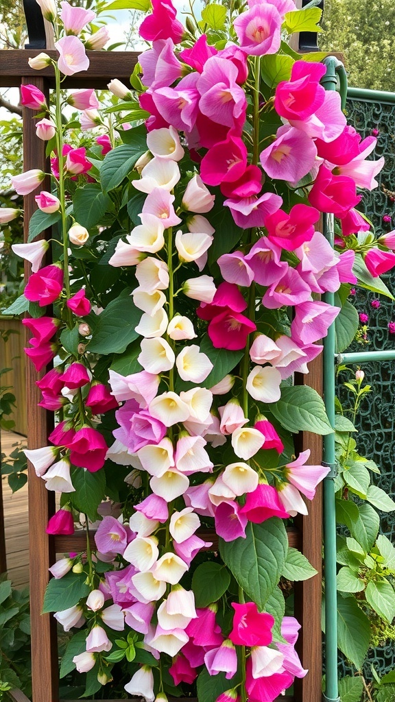 A vibrant display of sweet pea flowers in pink and white, climbing on a trellis.