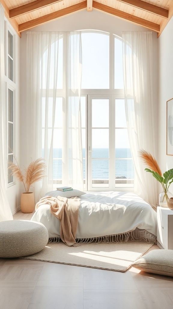 Bright and airy bedroom with large windows, sheer curtains, and coastal decor