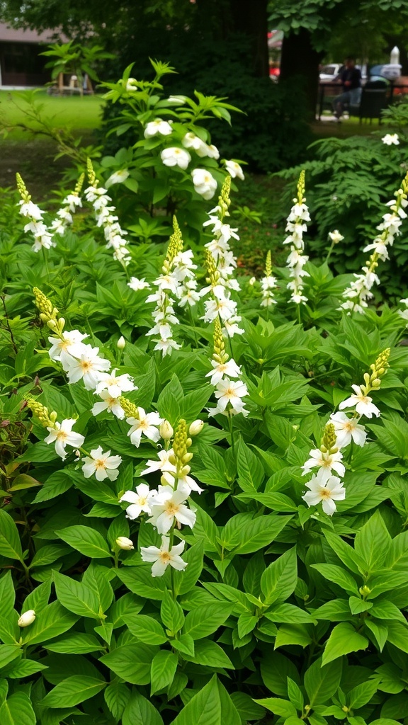 Lush green plants with white flowers in a garden setting