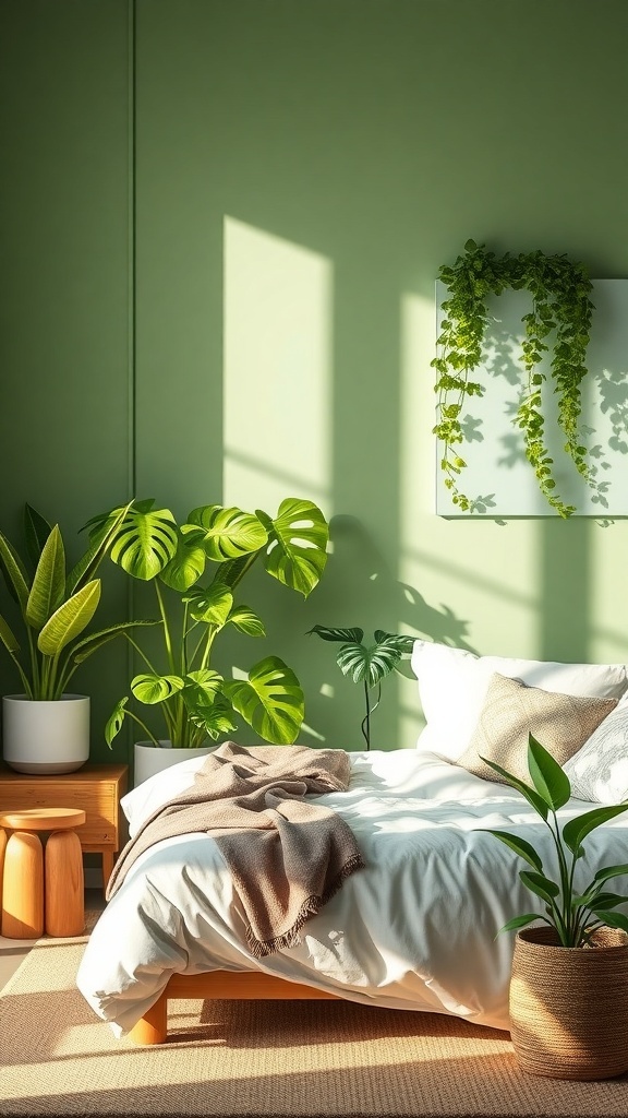 A serene modern bedroom filled with various indoor plants, featuring a cozy seating area and soft natural light.
