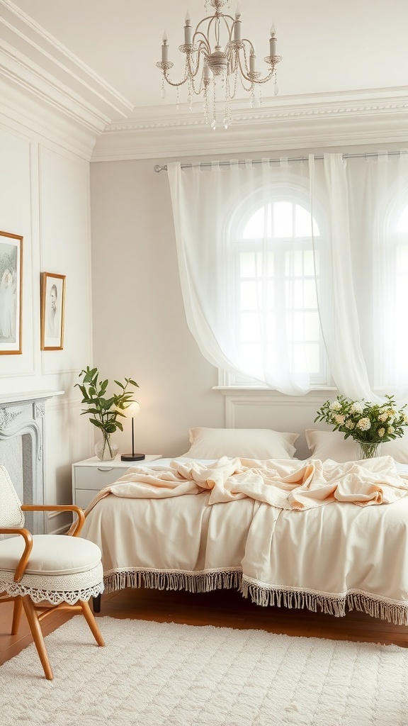 A serene modern bedroom with soft pastel colors, featuring a cozy bed, stylish chair, and natural light.