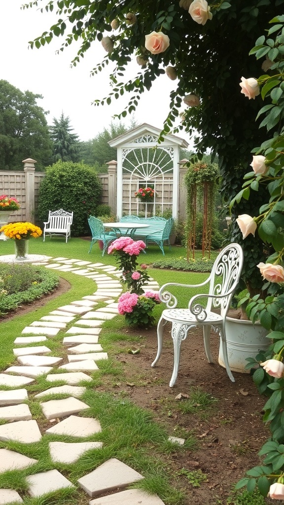 A vintage garden featuring a winding white stone path, colorful flowers, and elegant seating.