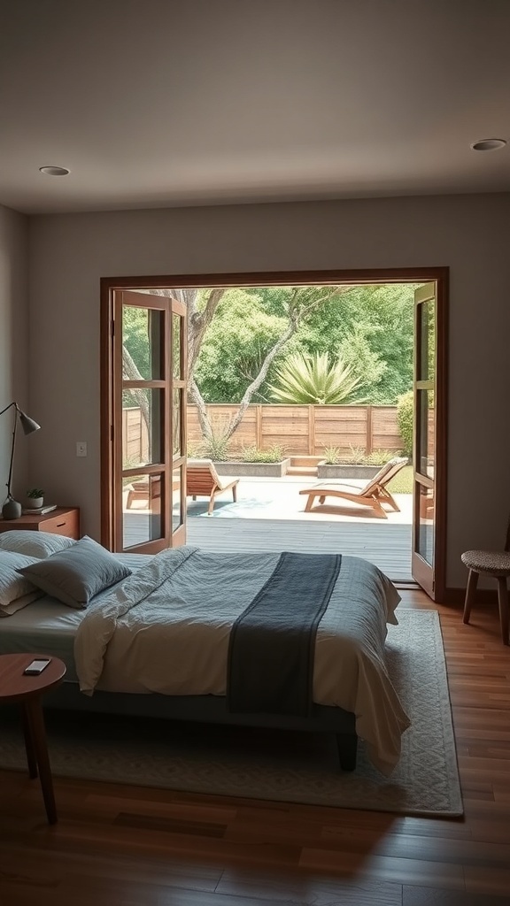 A serene modern bedroom with large open doors leading to a lush garden.