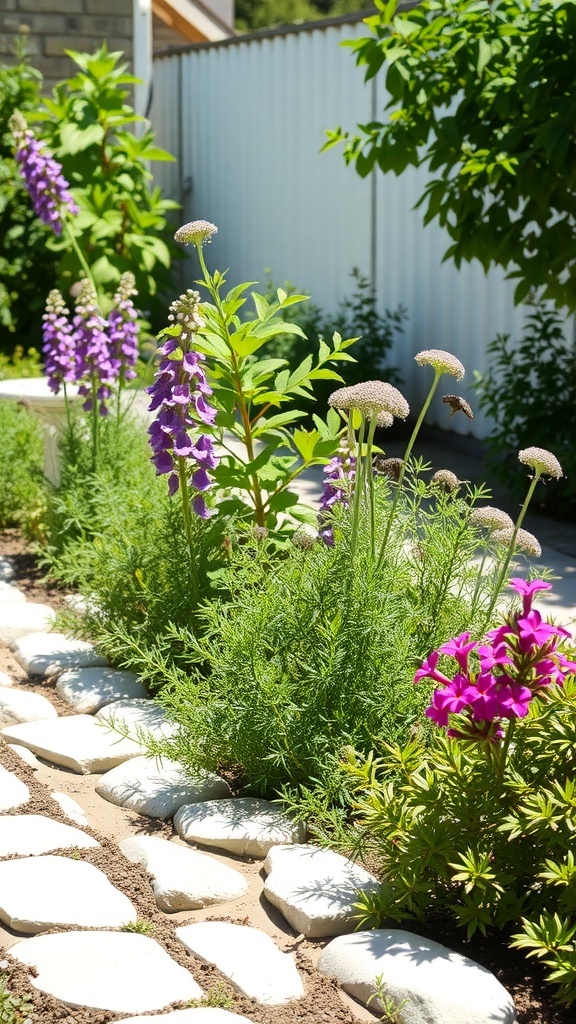 A herb garden featuring colorful flowers bordered by white stones.