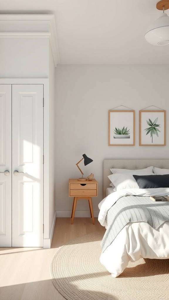 A serene Scandinavian bedroom featuring a light color palette, cozy bed, and minimalist decor.