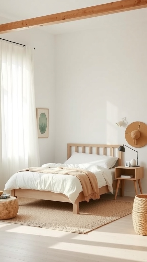 A minimalist boho coastal bedroom featuring a wooden bed frame, simple nightstand, and natural light.