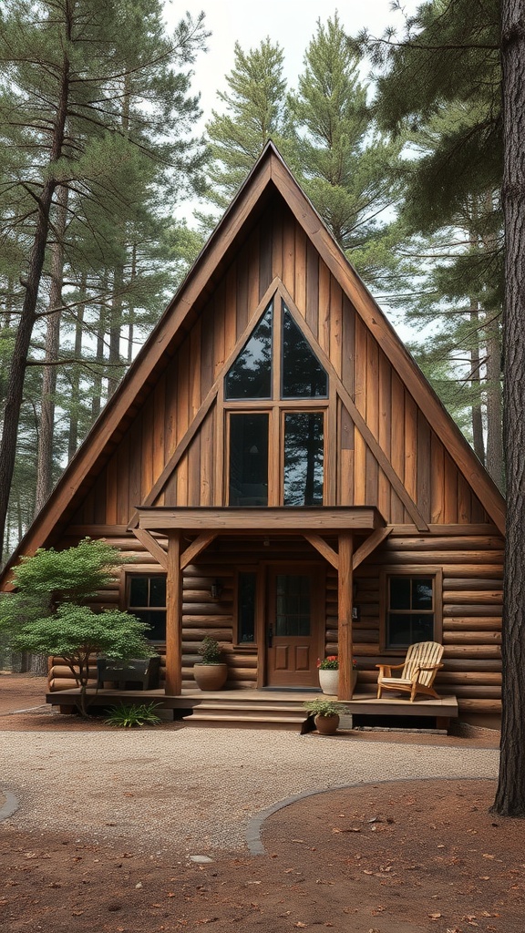 A charming A-Frame house surrounded by tall trees.
