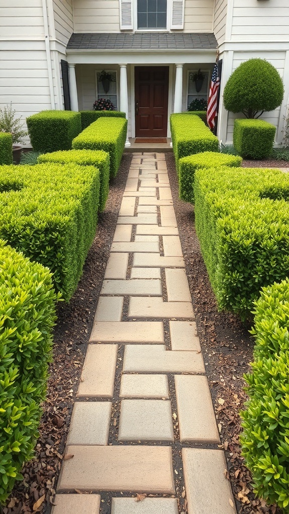 A front yard with boxwood hedges and a stone pathway leading to the entrance.