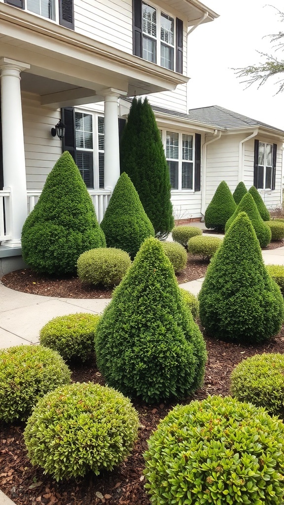 A landscaped front yard featuring boxwoods of various heights and shapes, including tall conical and round bushy varieties.