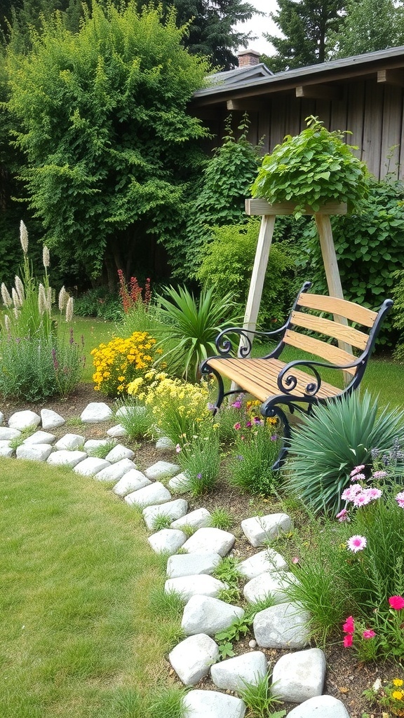 A rustic garden featuring a wooden bench surrounded by colorful flowers and white stone edging.