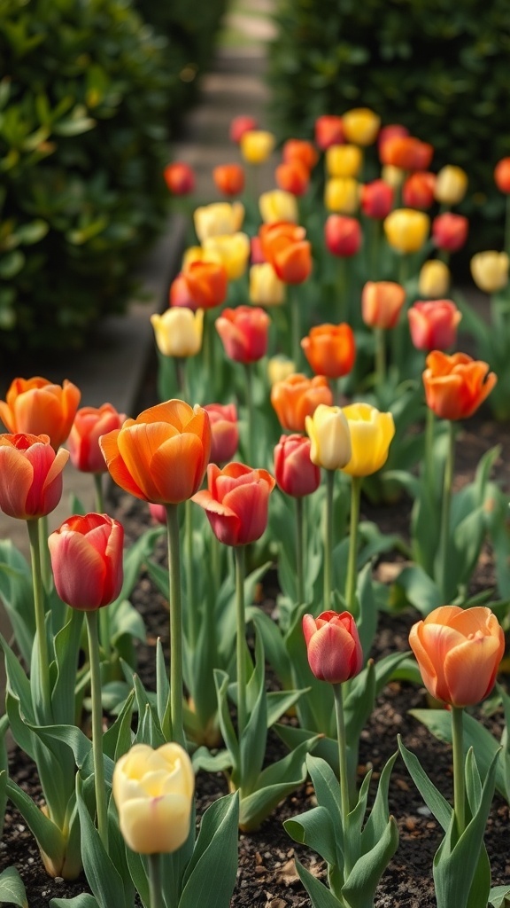 A vibrant display of red, orange, and yellow tulips in a garden setting.