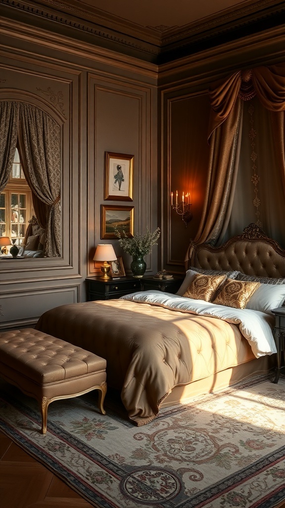 A luxurious modern bedroom featuring warm tones, elegant textiles, and a cozy atmosphere.
