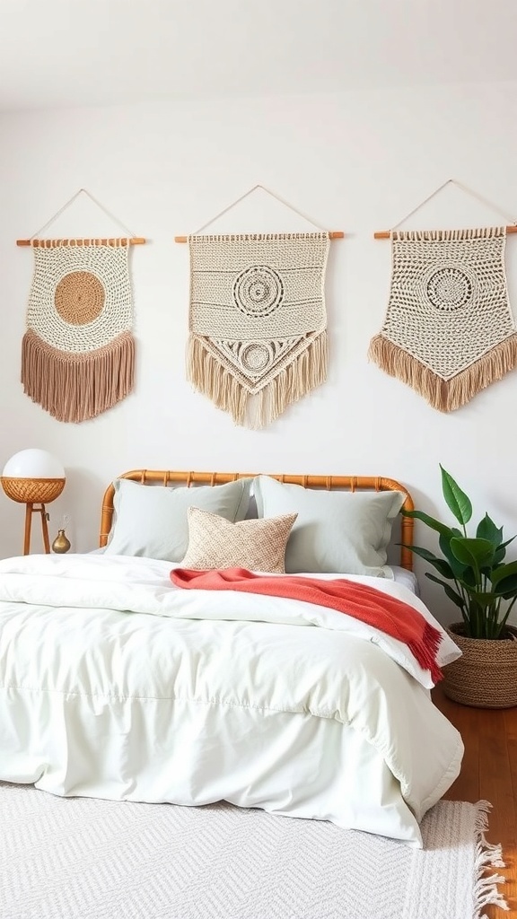Three woven wall hangings displayed above a bed in a minimalist boho coastal bedroom