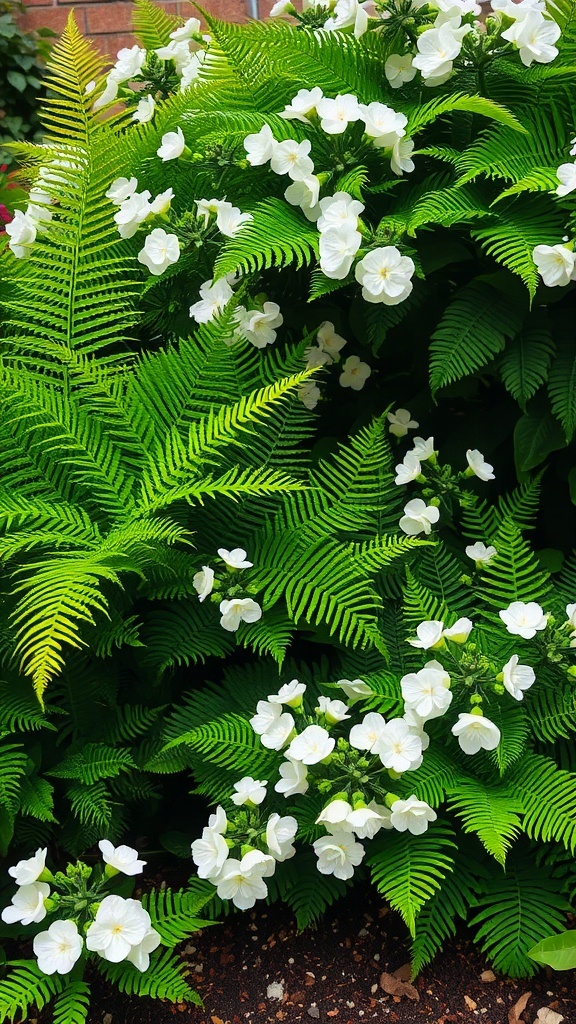 A lush arrangement of green ferns and white flowers in a garden setting.