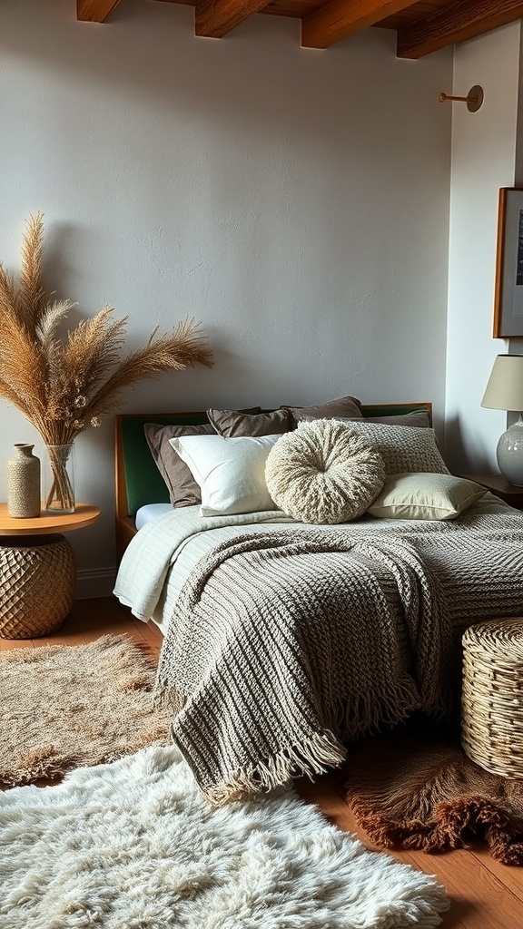 A modern bedroom featuring layered textures with knitted blankets, plush pillows, and natural decor elements.