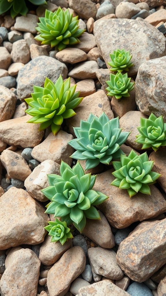 A serene rock garden featuring various green succulents among smooth stones.
