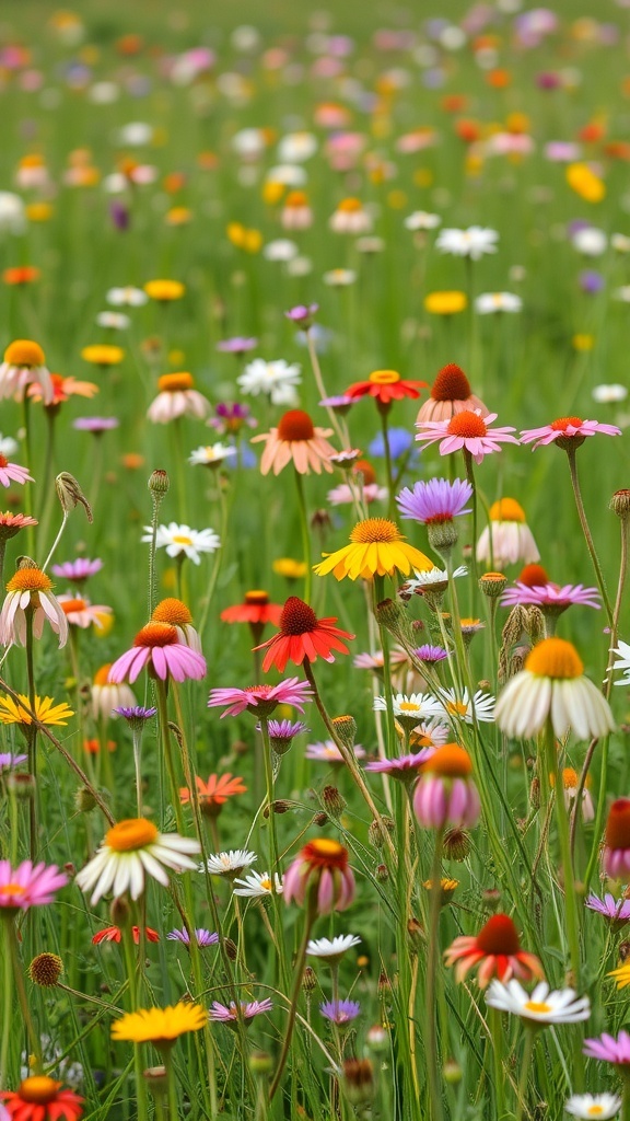 A colorful field of wildflowers in various shades, including pink, yellow, and white, blooming in a lush green setting.