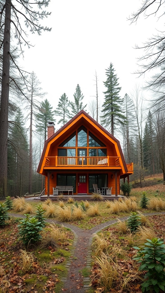 A colorful modern cabin with an orange exterior, surrounded by trees and ornamental grasses.
