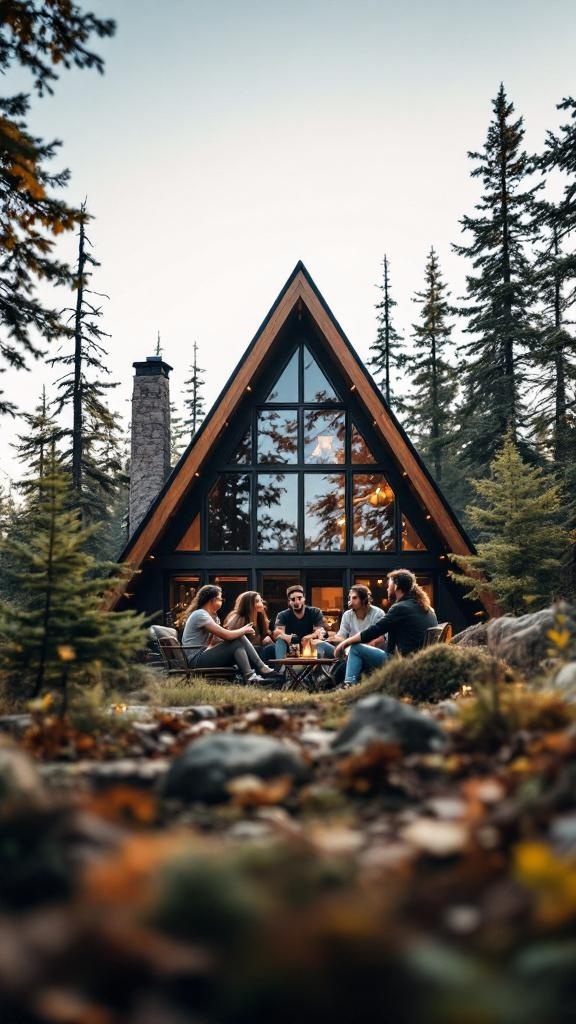 A group of people chatting in front of a cozy A-Frame house surrounded by trees.
