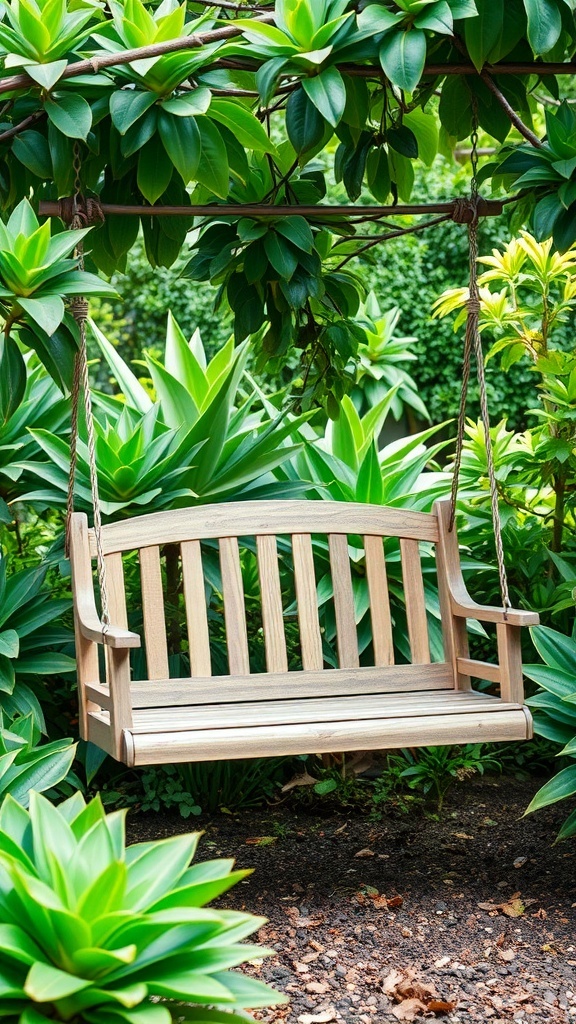 A wooden garden swing surrounded by lush green plants.
