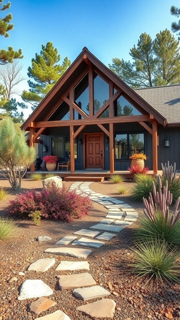 A charming A-Frame house with a stone path and colorful landscaping.