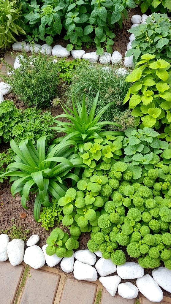 A lush herb garden featuring various green herbs bordered by white stones.