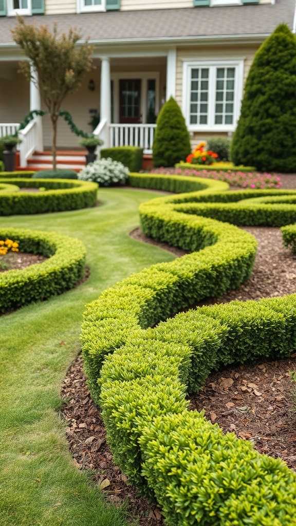 Curved boxwood borders in a landscaped front yard with flowers and greenery.