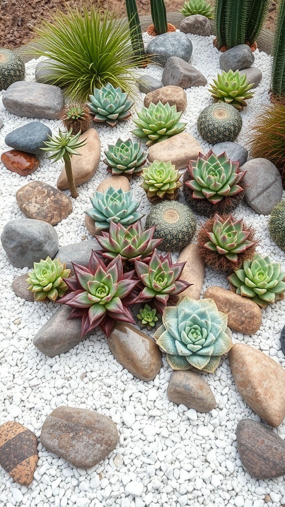 A succulent garden featuring various succulents and cacti arranged on white gravel and stones.