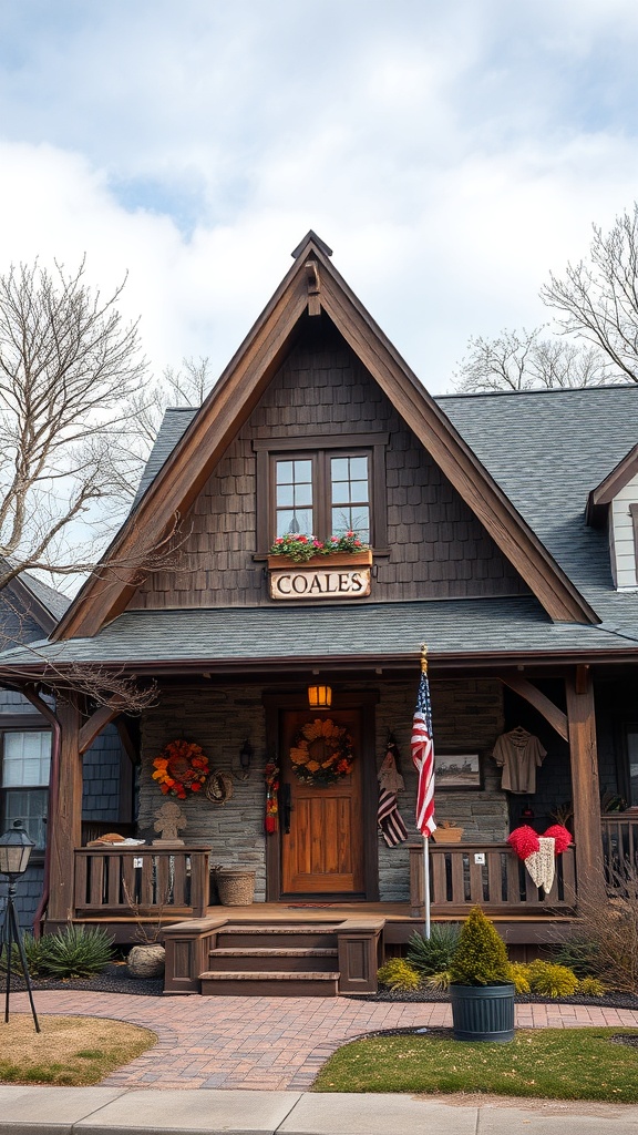 A cozy A-Frame house with local decorations and a welcoming porch.