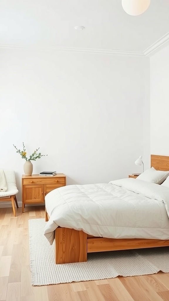 A minimalist bedroom featuring a white color scheme, wooden furniture, and a cozy atmosphere.