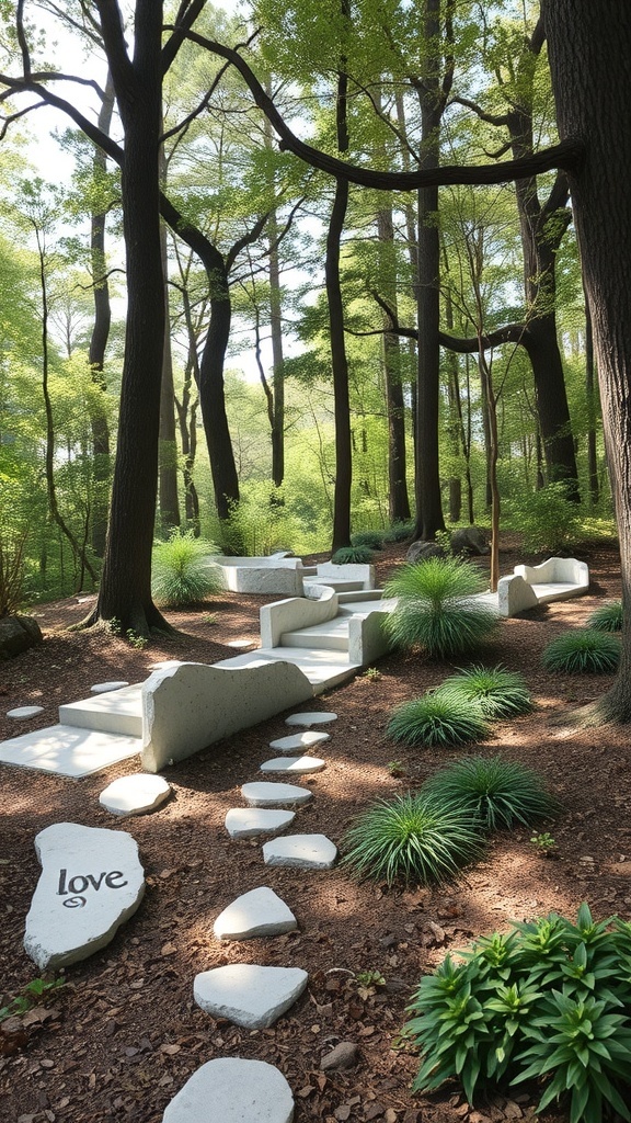 A forest garden featuring a winding path made of white stones, surrounded by lush greenery and trees.