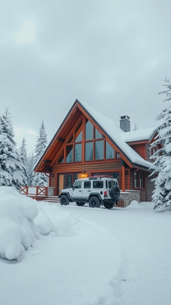 A snowy A-Frame house surrounded by trees with a white jeep parked in front.